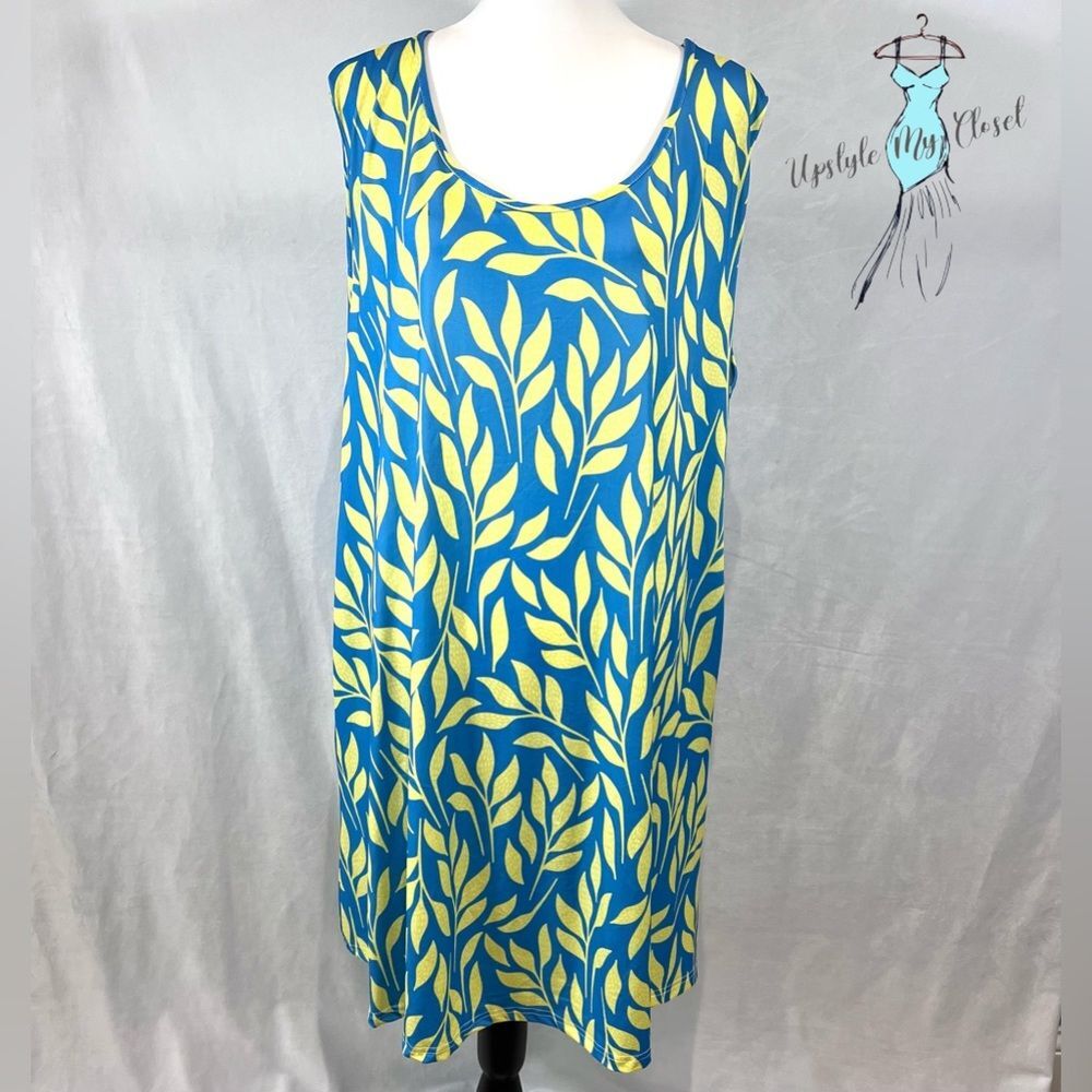 Blue and yellow leaf print shift dress with pockets size 2XL NWT